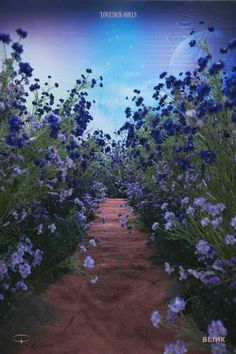 a dirt road surrounded by purple flowers and blue sky with stars in the background that reads totems girls