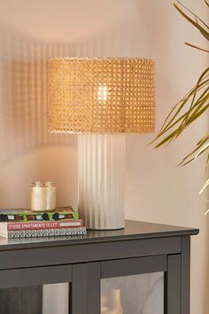 a lamp that is on top of a table next to some books and a plant