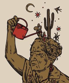 a drawing of a man drinking from a red cup with cactus sprouts growing out of his head