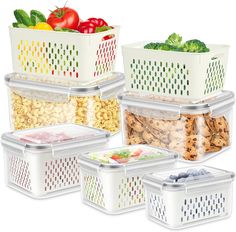 six plastic containers filled with food and vegetables