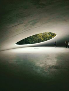 two people are standing in the middle of an empty room with a curved ceiling and trees