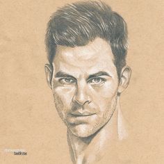 a pencil drawing of a man's face with short hair and no shirt on