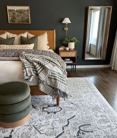 a bedroom with a bed, ottoman and rug on the floor in front of a mirror