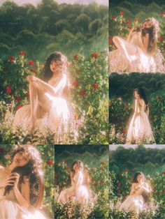 four pictures of a woman sitting in the middle of flowers with her arms around her body