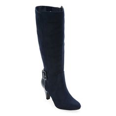 These east 5th Savio dress boots have a unique patent and faux suede design to make a style statement in for cooler temps. Featuring a 2.75-inch cone heel, these tall boots have a pointed toe, a buckle strap overlay, a memory foam insole for your comfort and a side zip closure. Wear them over leggings or skinny jeans with a fitted turtleneck or mock neck top. Features: Memory FoamClosure Type: ZipperFootwear Technology: Memory Foam InsoleShaft Circumference: 15 1/2 InchesBoot Shaft Height: 14 1/ Cone Heel Boots, Fitted Boots With Buckle Closure For Work, Fitted Suede Mid-calf Boots For Work, Winter Suede Boots For Office, Winter Office Boots In Suede, Fitted Workwear Boots With Buckle Closure, Fitted Knee-high Boots With Buckle For Work, Winter Workwear Mid-calf Boots With Buckle Closure, Chic Blue Knee-high Boots For Fall