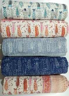 Fish Quilt, Reversible Bedding, Boho Tapestry, Summer Bedding, Beautiful Fish, Hand Block Print, Fish Print, Vintage Kantha, Kantha Quilt