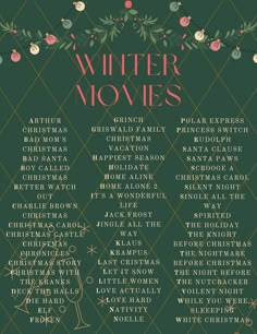 the winter movies list with christmas decorations on green and gold background, including snowflakes