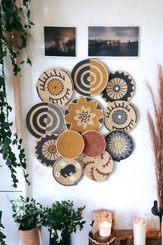 a bunch of plates are hanging on the wall next to some potted plants and candles