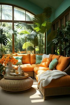 a living room filled with lots of furniture and plants in front of a large window