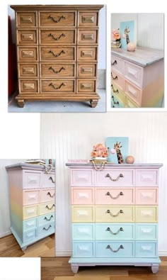 the dressers are painted in different colors