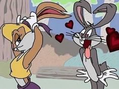 two cartoon rabbits with hearts in their mouths and one rabbit has its mouth open to the other