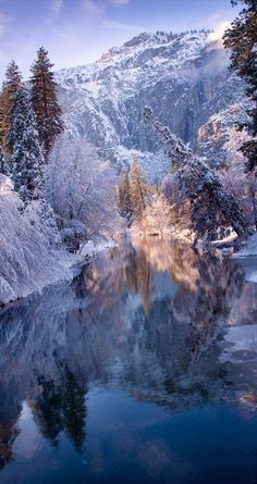 snow covered mountains and trees are reflected in the still water of a river that runs through it