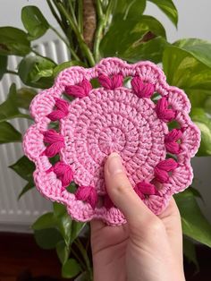 a pink crocheted doily sitting next to a green plant