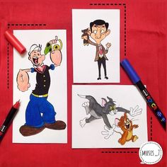 three pictures of cartoon characters are shown on a red background with crayon markers