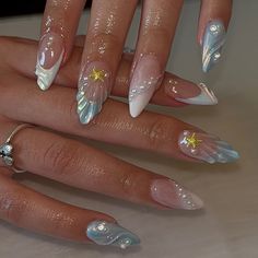 24pc Love bow pattern 3D waves almond false nails Cute Wearable mermaid ocean blue pink decorations Classy Acrylic, Colourful Nails, Girly Acrylic, Valentine Nails, Nagel Tips, Manicure Diy, Summery Nails, Mermaid Nails, Nail Forms