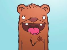 a cartoon bear with its mouth open and tongue out in front of the camera on a blue background