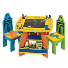 children's desk and chair set with chalkboard, pencils, markers and crayons