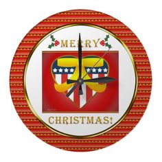 a clock with the words merry christmas written in red, white and blue stripes on it