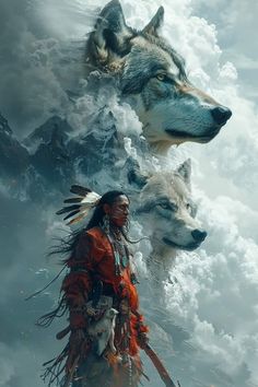 two native americans standing next to each other in front of a mountain with wolfs