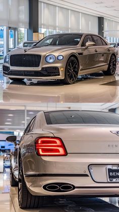 two pictures of the front and rear end of a silver bentley mulsworth car