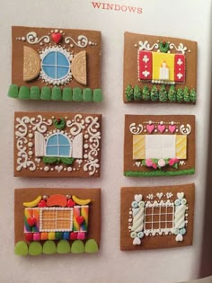 four gingerbread houses are shown in the shape of windows