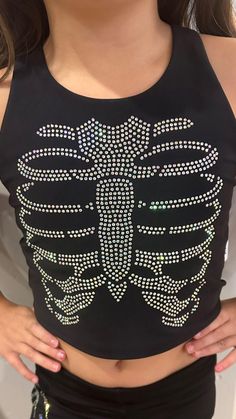 All Star Cheer halloween practice wear. Youth sizes only - small/medium/large. AB rhinestones create a fun and spooky skeleton print. Crop top has built in bra lining. Skeleton Crop Top, Rhinestone Skeleton, Spooky Skeleton, All Star Cheer, Practice Wear, Costume Inspo, Skeleton Print, Cropped Tops, Top Hat