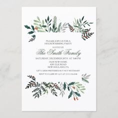 an elegant holiday party with greenery and berries on the front, in white paper