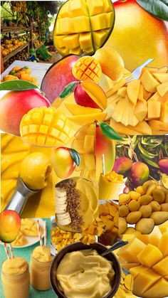 a collage of different fruits and food items