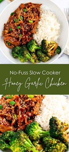 no - fuss slow cooker honey garlic chicken with white rice and broccoli