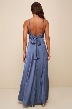 Slate Blue Satin Dress - Sleeveless Maxi Dress - Low Back Dress - Lulus Dusty Blue Bridal Party Groomsmen, Dark Dusty Blue Dress, Denim Blue Bridesmaids Dresses, Prom Dress Styles Chart, Something Blue Dress, French Blue Bridesmaid Dresses, Slate Blue Dress, Blue Grey Dress, Slate Blue Bridesmaid Dresses