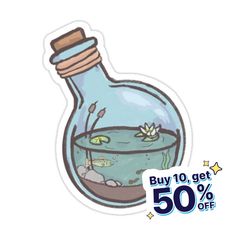 a sticker with an image of a bottle filled with water and goldfish in it