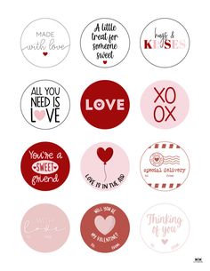 six stickers with different sayings and symbols in red, white, and pink