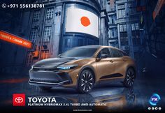 an advertisement for the toyota brand featuring a gold car in front of a city street