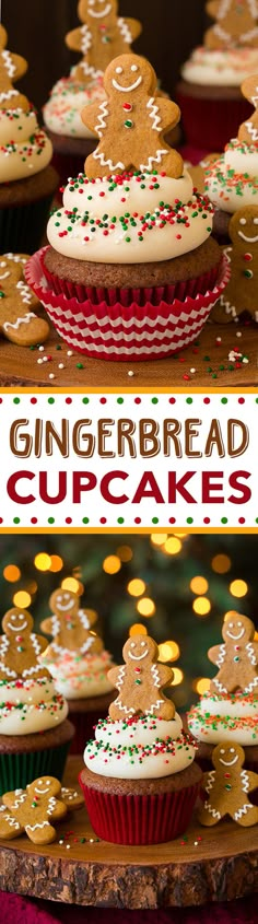 gingerbread cupcakes with white frosting and sprinkles on top