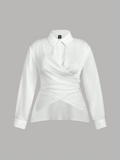 Plus Size Women's Solid Color Long Sleeve Casual Wrapped Shirt, Spring/Fall,White Button Up Shirt,Blouse,Long Sleeve Women Blouses,White Women Blouseslong Sleeve Women Shirts,Button Up Women Shirt White Casual  Long Sleeve Woven Fabric Plain Shirt Slight Stretch  Women Plus Clothing, size features are:Bust: ,Length: ,Sleeve Length: Button Up Women, White Button Up Shirt, Fall White, Floral Long Sleeve Shirt, White Long Sleeve Blouse, Wrap Shirt, Blouse Long Sleeve, Plain Shirt, White Button Up