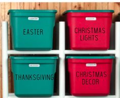 christmas lights, thanksgiving decor, and easter baskets are all labeled in red and green