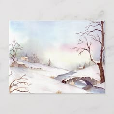 a watercolor painting of a snowy landscape with trees and a bridge in the foreground