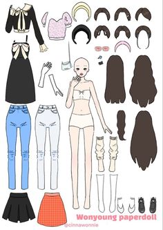 the paper doll is wearing different clothes and hair