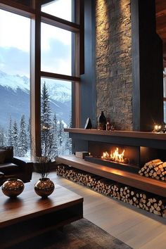 a living room filled with furniture and a fire place next to a large window covered in snow