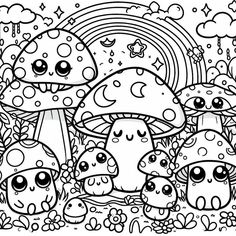 an adult coloring page with lots of mushrooms and rainbows in the background, black and white