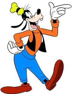 goofy from the cartoon show person, with his tongue out and pointing at something in one hand