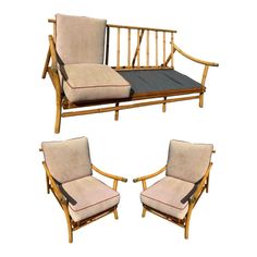 three wooden chairs with cushions sitting next to each other