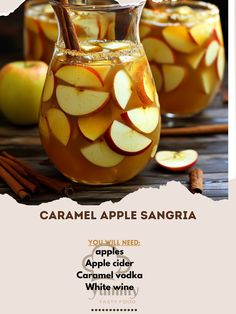 caramel apple sangria with cinnamon sticks and apples in the jar for garnish