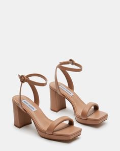 3.25 inch heel height .75 inch platform Leather upper material Synthetic lining Synthetic sock Synthetic sole Imported Wedding Heels Bridesmaid, Hoco Heels, Bridesmaids Heels, Nude Platform Heels, Heels Steve Madden, Formal Heels, Nude Strappy Heels, Ankle Strap Block Heel, Wedding Guest Shoes