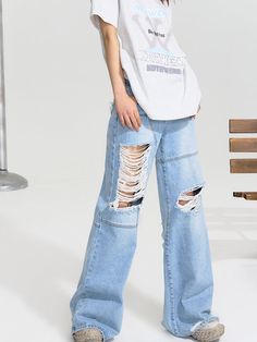 Material: 100% Cotton
Model: 172cm/51.5kg Wearing size M



Length
Waist
Hip


S
106cm
66cm
94cm


M
108cm
70cm
98cm


L
110cm
74cm
102cm Urban Denim Blue Pants For Fall, Urban Medium Wash Pants For Fall, Urban Style Medium Wash Pants For Fall, Baggy Distressed Pants For Spring, Urban Baggy Medium Wash Pants, Urban Straight Cargo Jeans For Spring, Distressed High-waist Pants For Streetwear, Urban Style Ripped Denim Blue Pants, Urban Ripped Denim Blue Pants