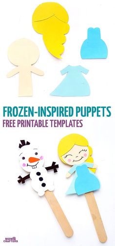 the frozen - inspired puppets are made with popsicles and paper to make them look like snowmen