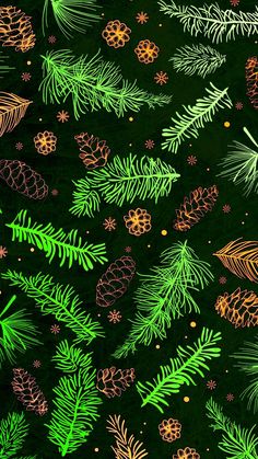 green and orange pine cones on black background with gold glitter stars, snowflakes and evergreen needles