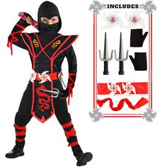 PRICES MAY VARY. 💖💖Deluxe Ninja Costume Set: 14PCS - Ninja Dressing up for Kids, includes 1* jumpsuit attached, 1* muscles vest,1* face mask, 1* belt , 2 *gloves , 4 * red ankle straps and 4 x other accessories made of foam. It's a complete jumpsuit, pair with a ninja toys Play Set. 💖💖Ninja Cosplay Costumes Material：Halloween Ninja costume set is made of polyester, using the most comfortable fabric,ninja toys made of foam. The vest is printed with a dragon pattern, the two small dragon ones Ninja Toys, Ninja Dress, Ninja Theme Party, Ninja Cosplay, Ninja Halloween, Halloween Costumes Kids Boys, Ninja Outfit, Small Dragon, Boy Halloween