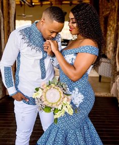 African Wedding Attire For Groom, Lobola Outfits For Couples, Membeso Dress, African Dresses For Wedding, Tswana Traditional Attire, Elegant African Dresses, Couples Traditional, Africa Traditional, Long Gown Styles