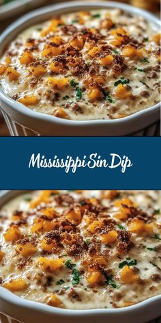 two pictures of casserole with cheese and herbs in it, one has the title mississippi sun dip